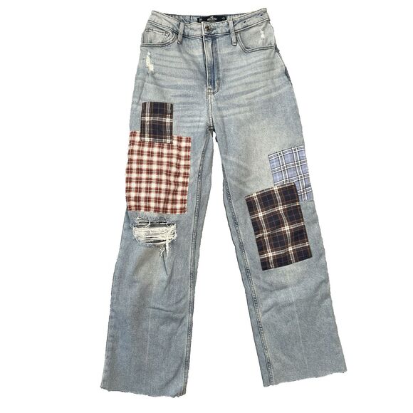 HOLLISTER Plaid Patchwork High Rise Jeans Denim Distressed Straight Leg 3R Sz 26 - Picture 1 of 10